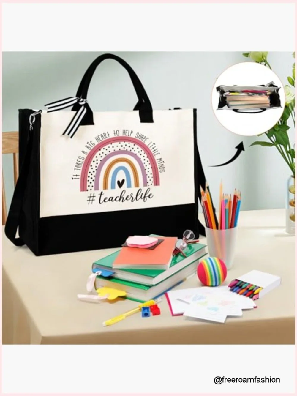 Large Canvas Tote Bag with Zipper Pocket Adjustable Strap Teacher Gift